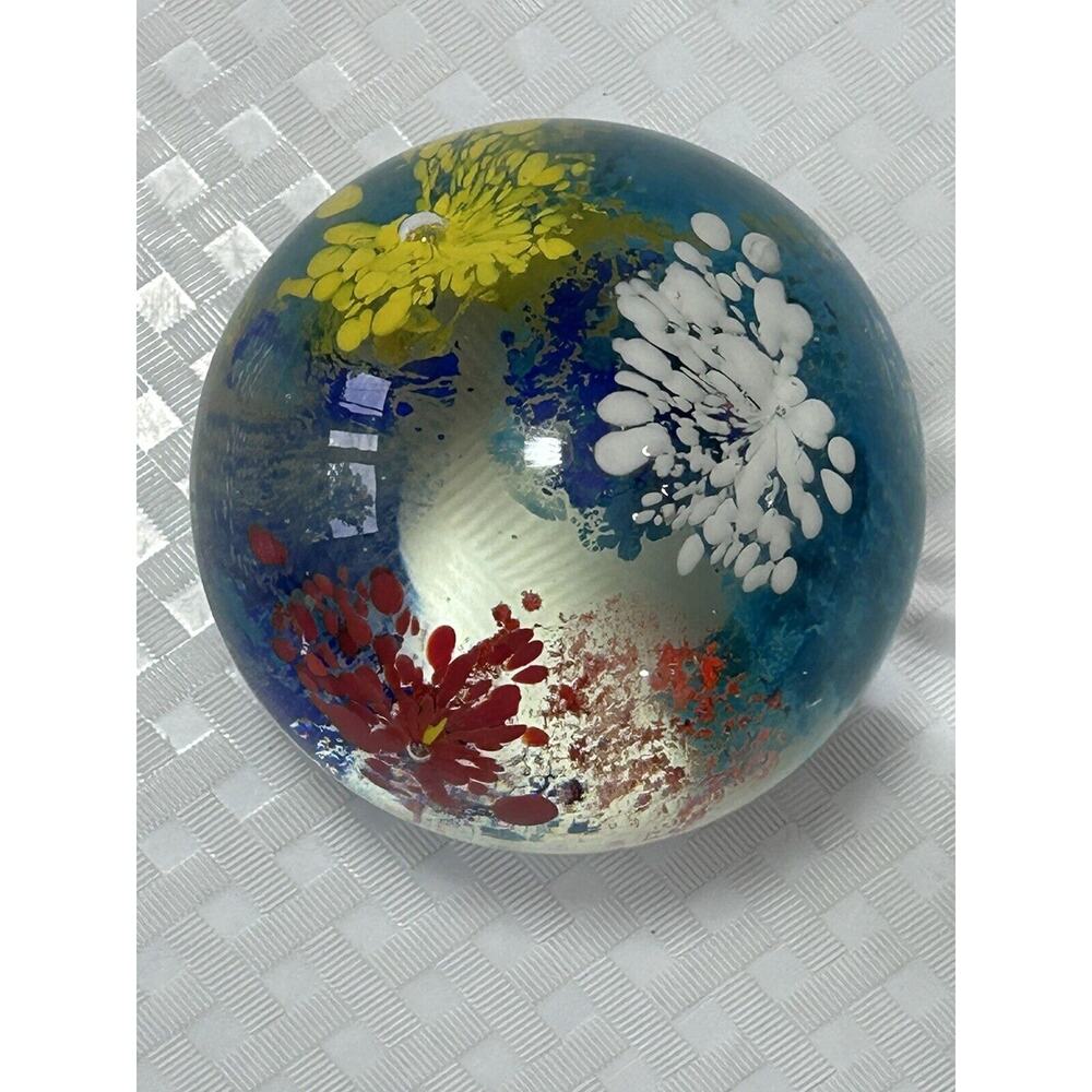 Art Glass Paperweight Blown Abstract Floral Red White Yellow Blue Office Decor‎